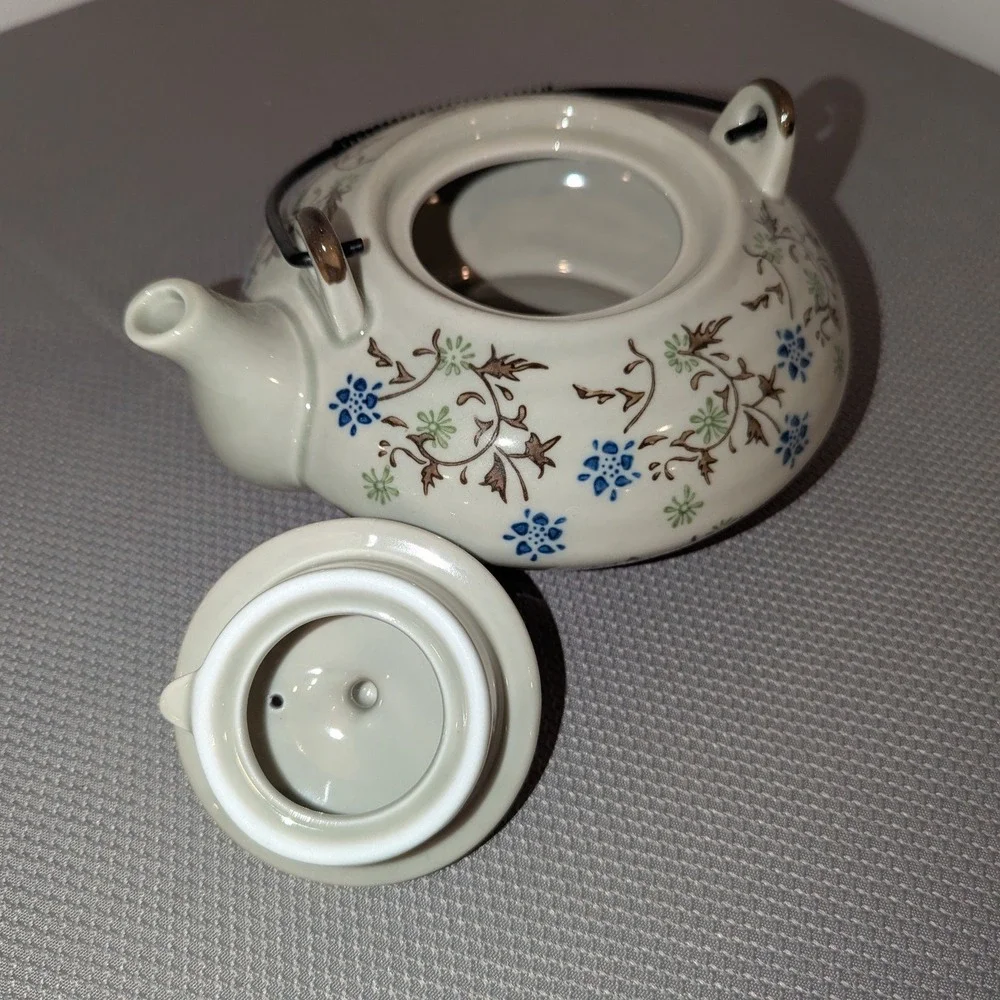 Pier 1 Imports Tomoko 6 Piece Tea Set Floral Ceramic Teapot 4 Cups Metal Stand